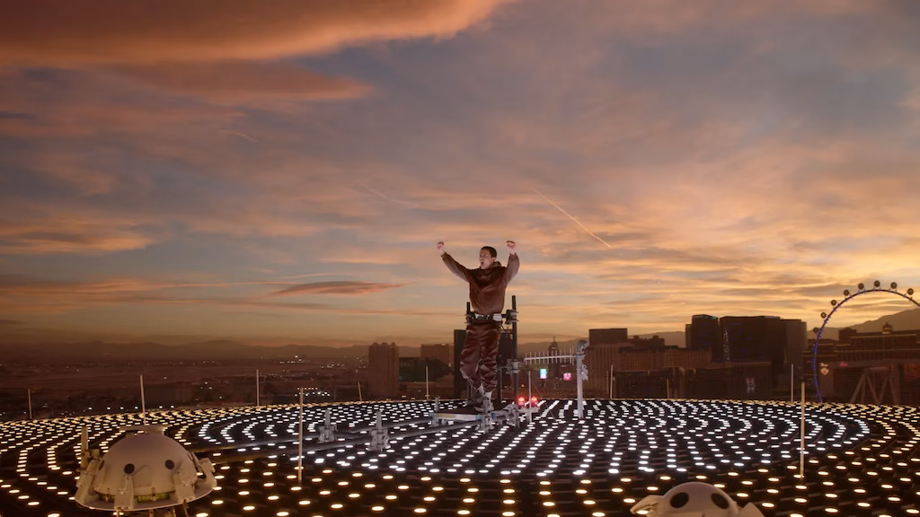 Timothee Chalamet on top of the Las Vegas Sphere promoting his film Marty Supreme.